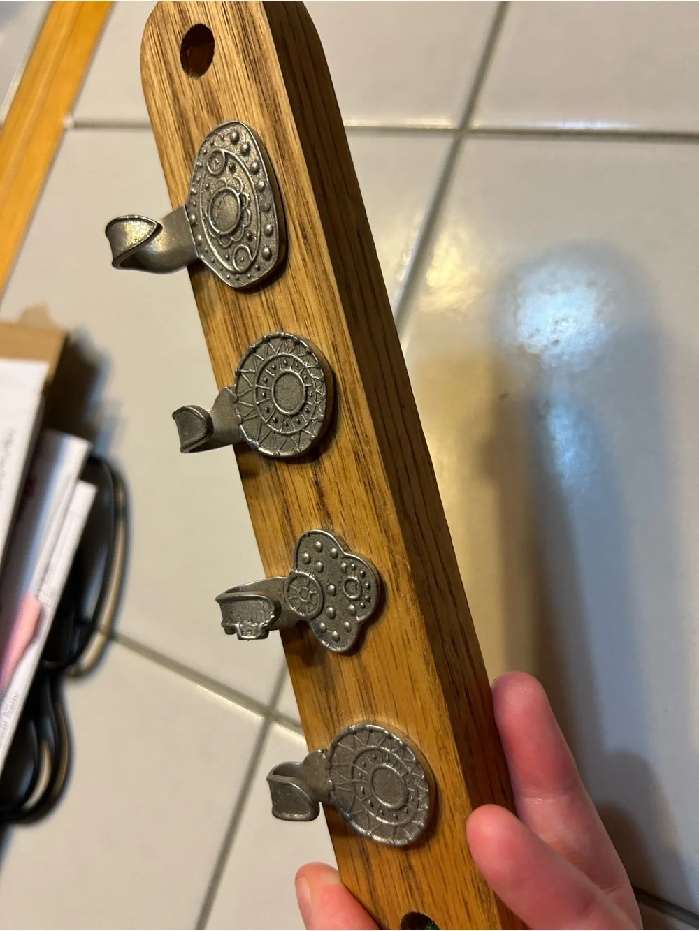 Vintage silver tone key holder key hooks on wood